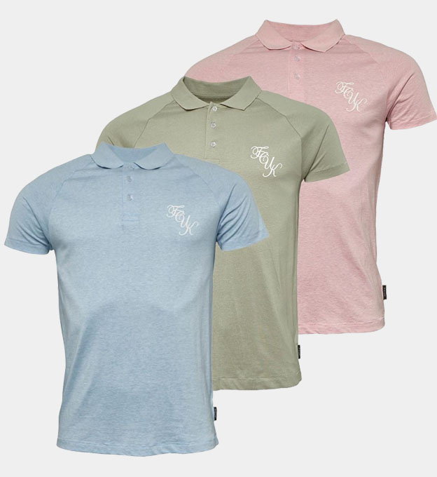 French Connection 3 Pack Polo Shirts Mens Sky Blue Pink Melange Green