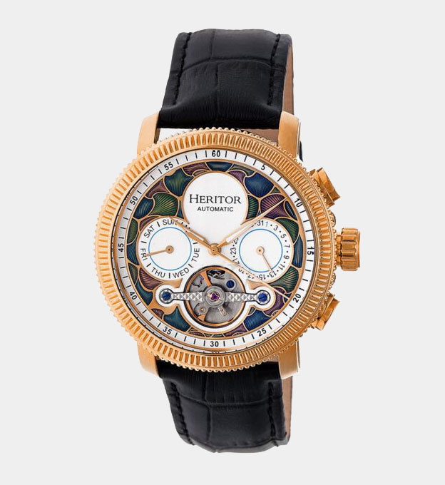 Heritor Watch Mens Black Rose Gold