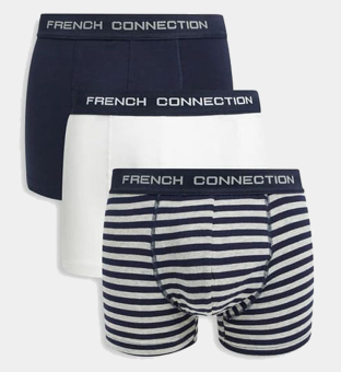 French Connection 3 Pack Boxer Shorts Mens White Navy Stripe